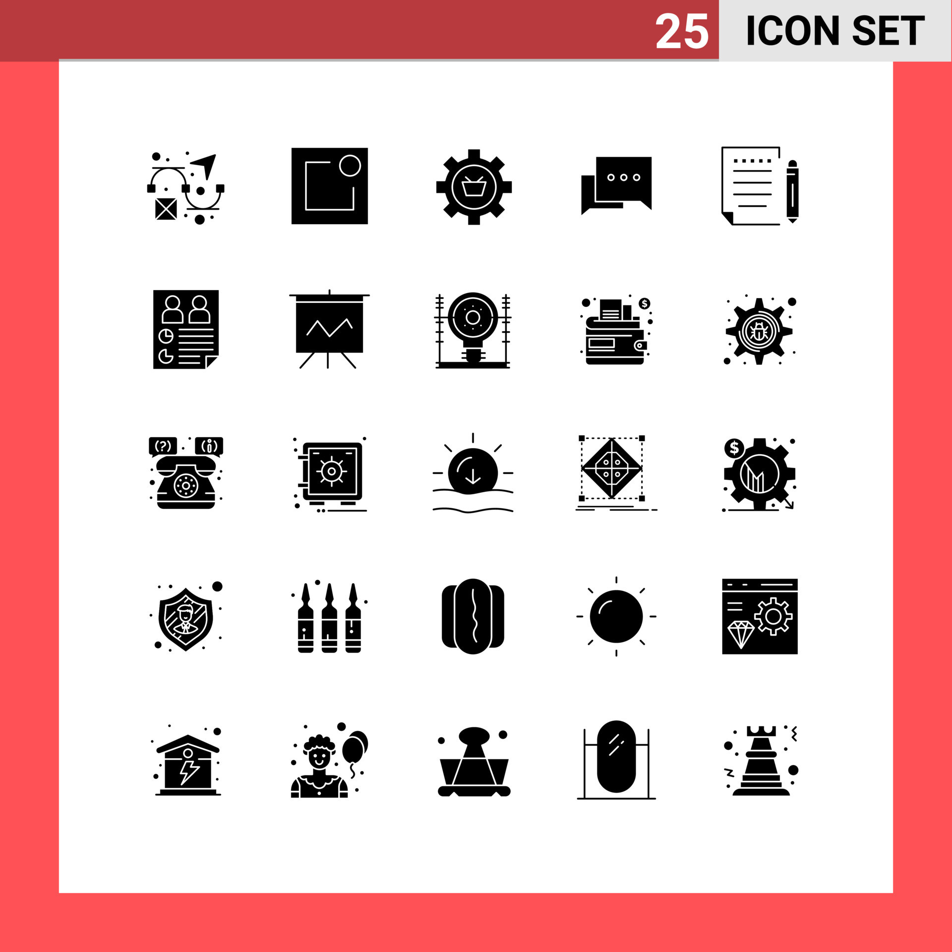 Mobile Interface Solid Glyph Set of 25 Pictograms of paper letter e