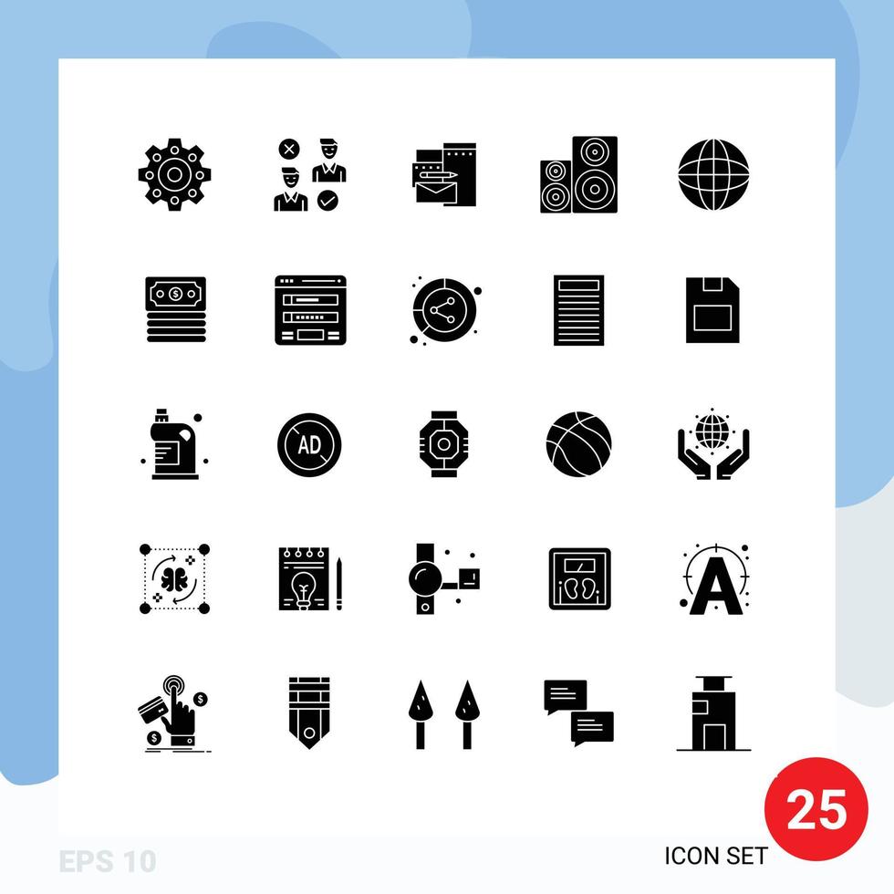Group of 25 Modern Solid Glyphs Set for devices studio branding speaker hifi Editable Vector Design Elements
