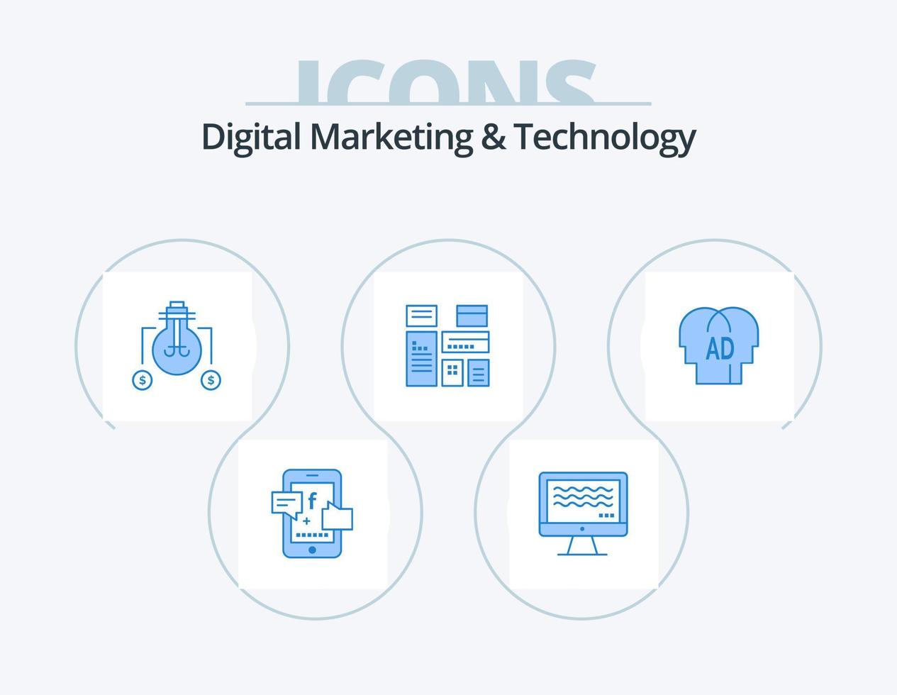 Digital Marketing And Technology Blue Icon Pack 5 Icon Design. knowledge. marketing. bulb. native advertising. native vector
