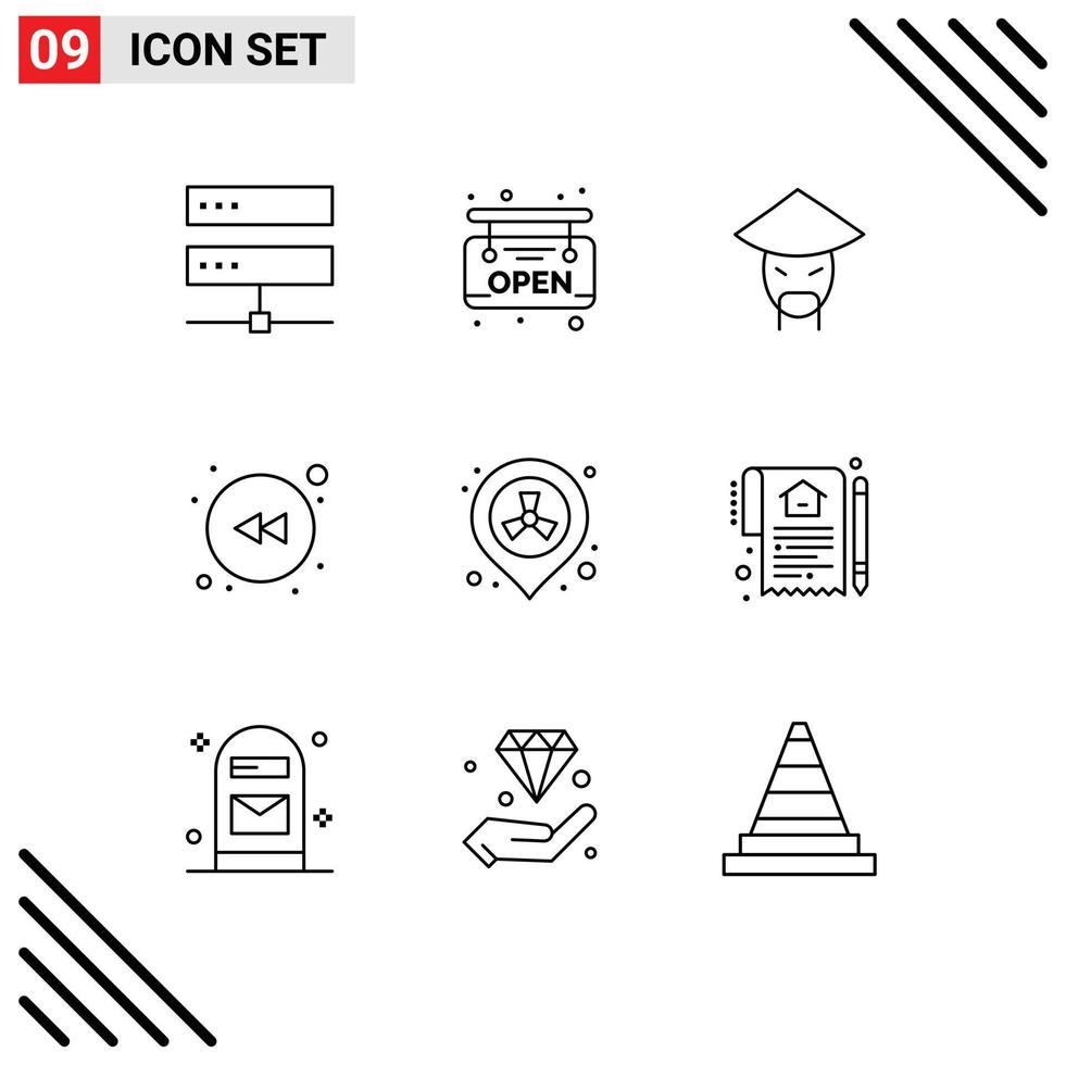 Set of 9 Vector Outlines on Grid for pollution gas emperor rewind arrow Editable Vector Design Elements