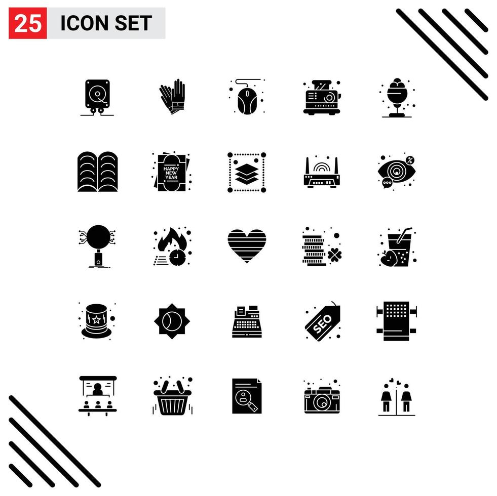 Group of 25 Modern Solid Glyphs Set for summer desert computer toaster electrical Editable Vector Design Elements