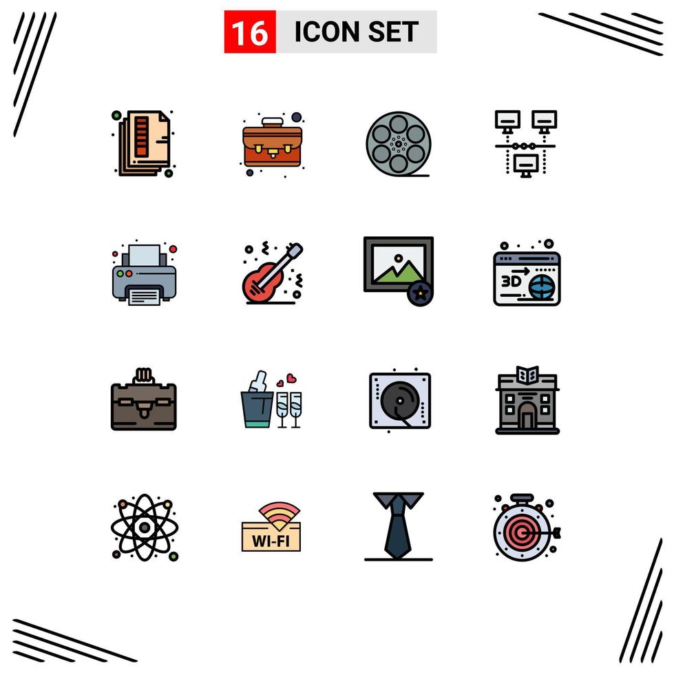 Mobile Interface Flat Color Filled Line Set of 16 Pictograms of print technology movis sharing connection Editable Creative Vector Design Elements