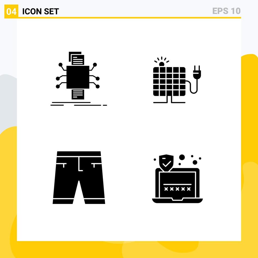 Set of 4 Commercial Solid Glyphs pack for analysis accessories processing solar clothing Editable Vector Design Elements