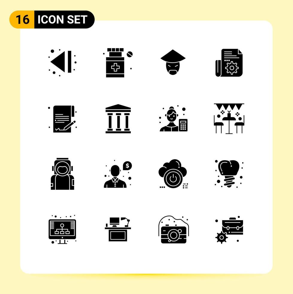 Group of 16 Modern Solid Glyphs Set for user economy monk document setting Editable Vector Design Elements