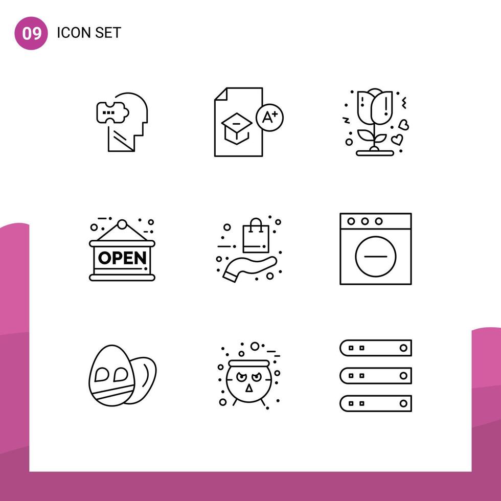 conjunto de pictogramas de 9 esquemas simples de estudio de tienda de comercio electrónico elementos de diseño vectorial editables románticos abiertos vector