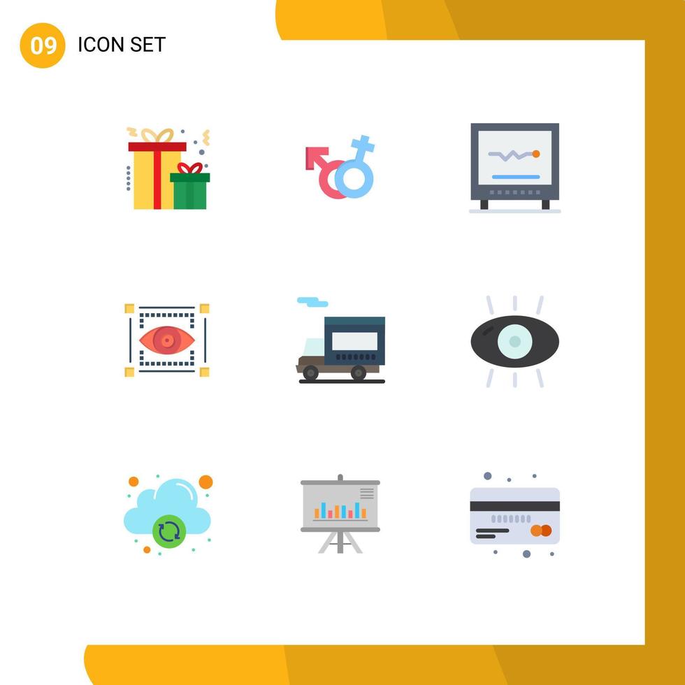 paquete de 9 signos y símbolos de colores planos modernos para medios de impresión web, como la cardiología de los ojos de camiones, esbozar elementos de diseño de vectores editables visuales