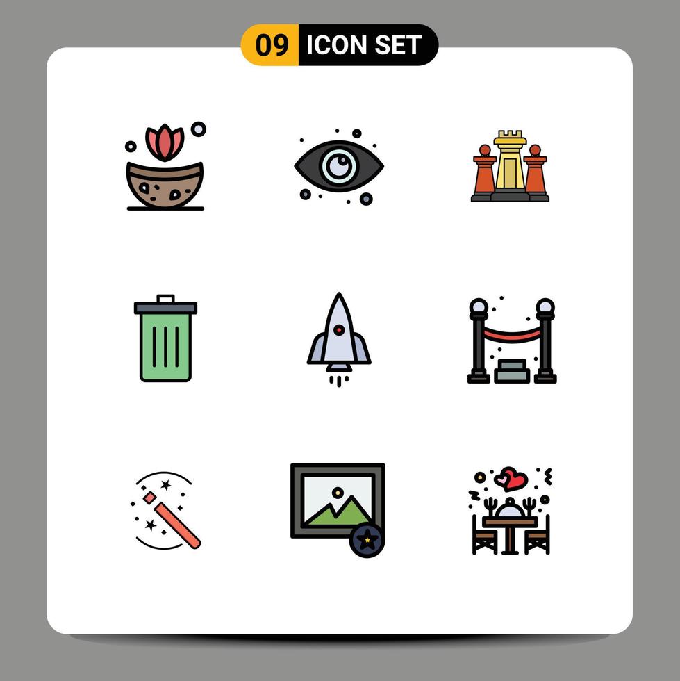 Pack of 9 Modern Filledline Flat Colors Signs and Symbols for Web Print Media such as rocket garbage computer delete basket Editable Vector Design Elements