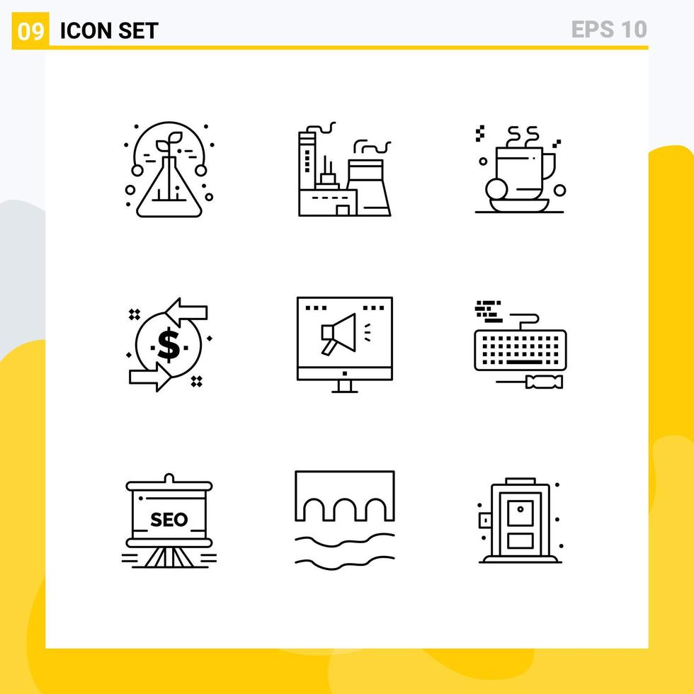 Outline Pack of 9 Universal Symbols of advertising investment tea dollar back Editable Vector Design Elements