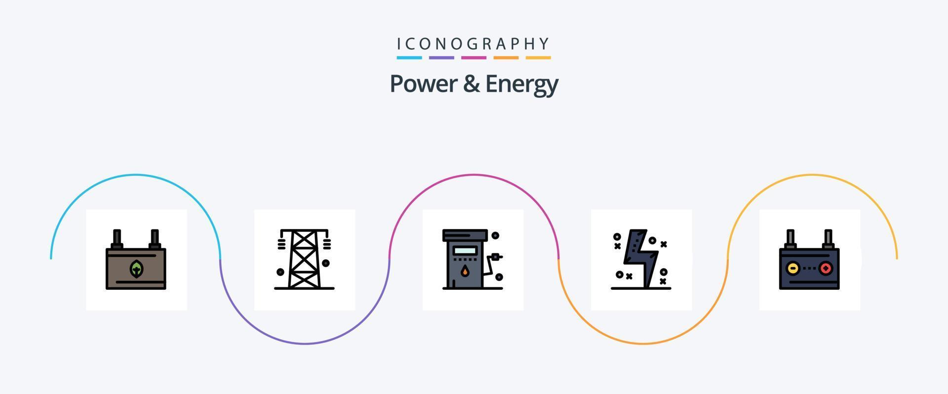 Power And Energy Line Filled Flat 5 Icon Pack Including electricity. battery. power. station. petrol vector