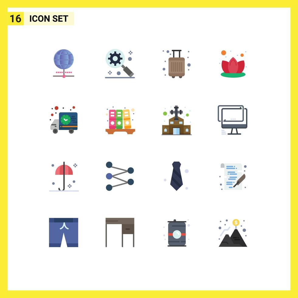 16 Universal Flat Color Signs Symbols of truck shipping bags delivery lotus Editable Pack of Creative Vector Design Elements