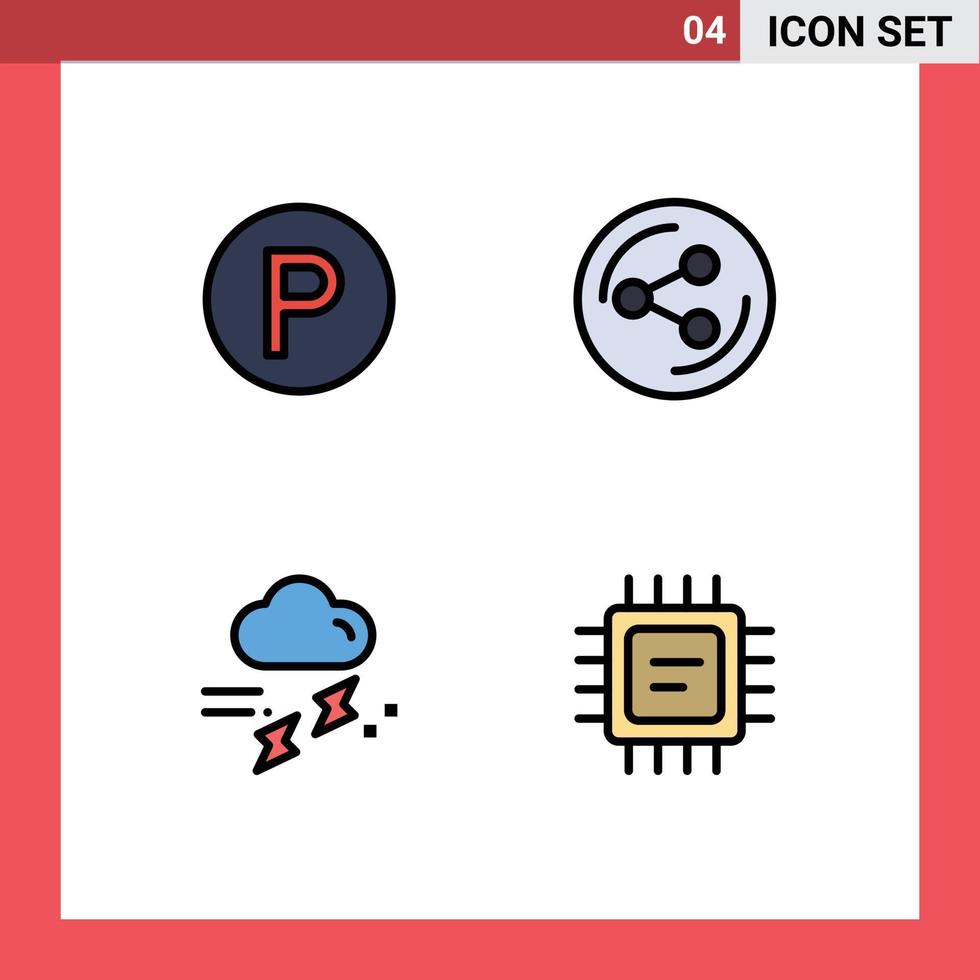 Set of 4 Commercial Filledline Flat Colors pack for transport rainy share cloud cpu Editable Vector Design Elements