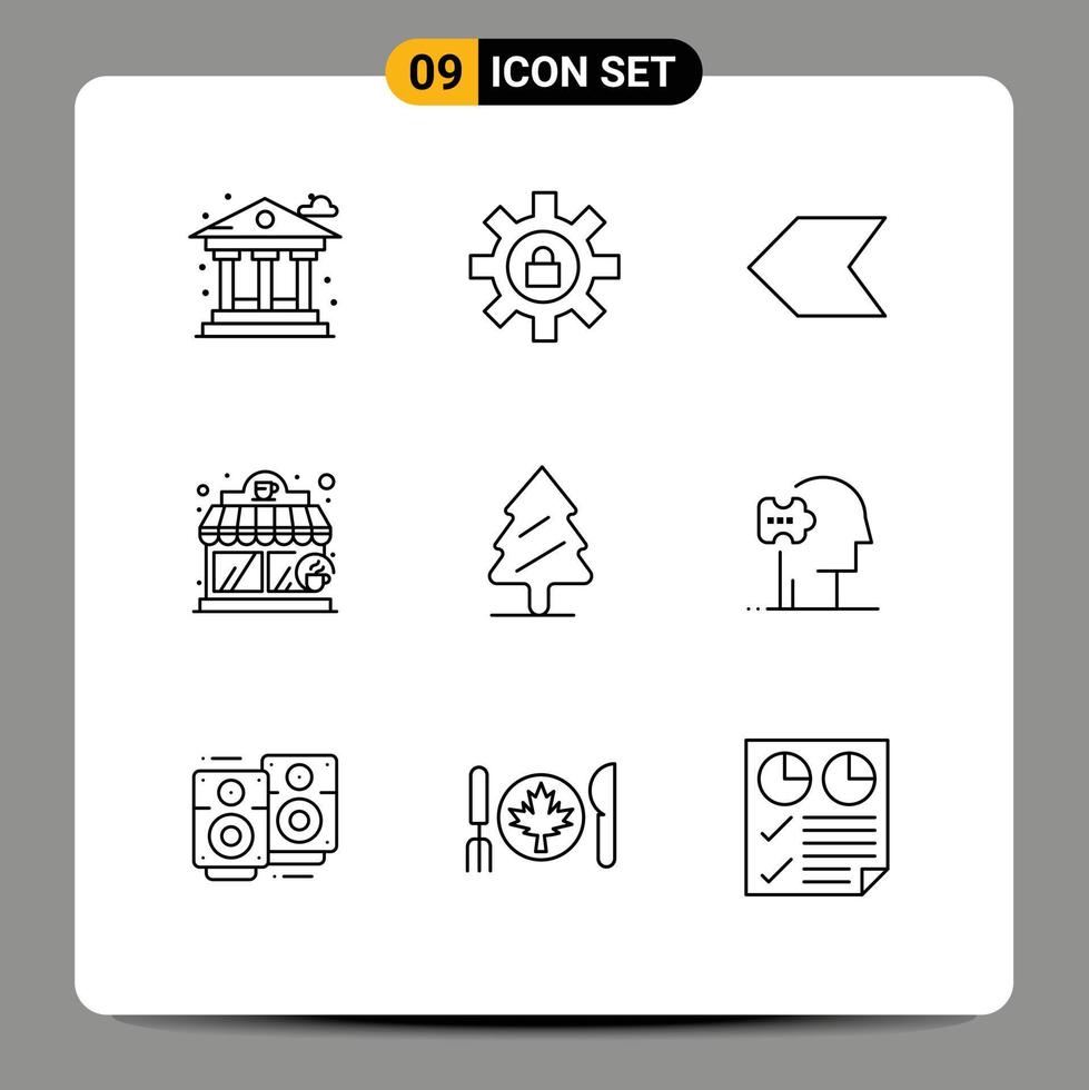 Mobile Interface Outline Set of 9 Pictograms of tree pine arrow nature coffee shop Editable Vector Design Elements
