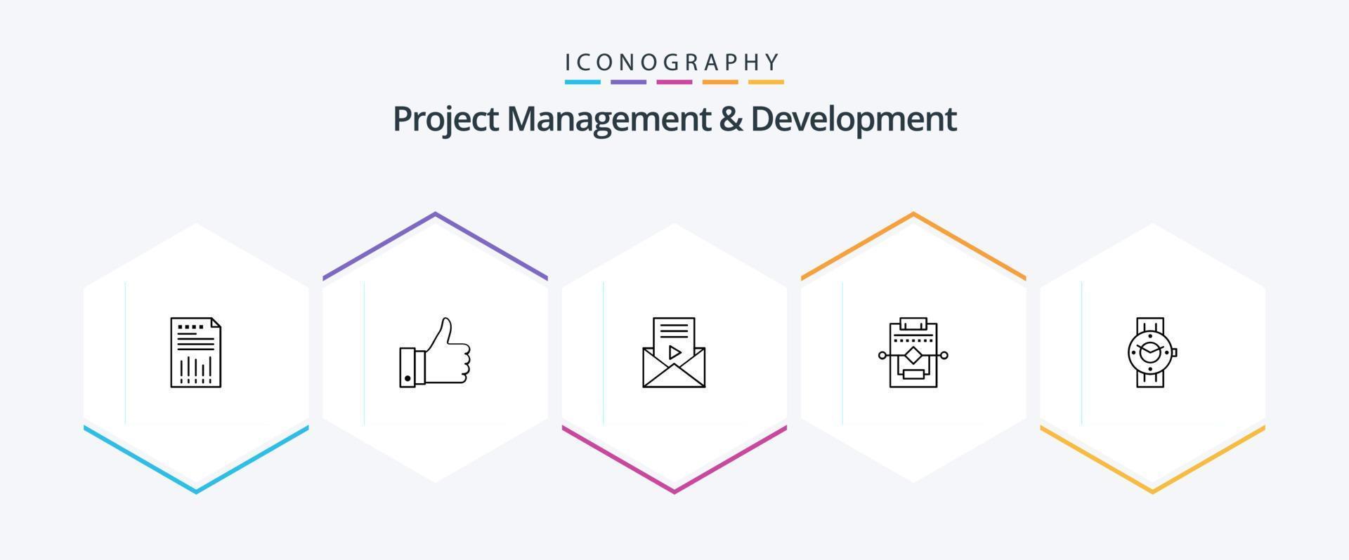 Project Management And Development 25 Line icon pack including process. workflow. remarks. video player. message vector