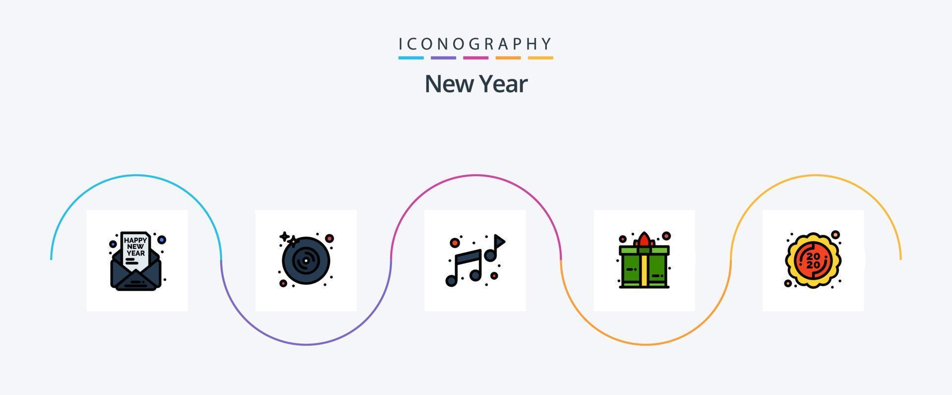 paquete de iconos de 5 planos llenos de línea de año nuevo que incluye pegatina. etiqueta. dvd de musica presente. caja vector
