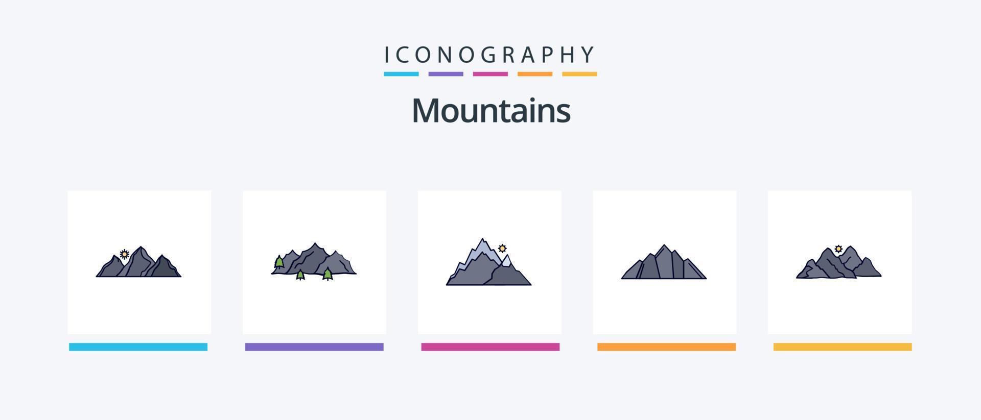 la línea de montañas llenó el paquete de 5 íconos que incluye. naturaleza. sol. naturaleza. diseño de iconos creativos vector