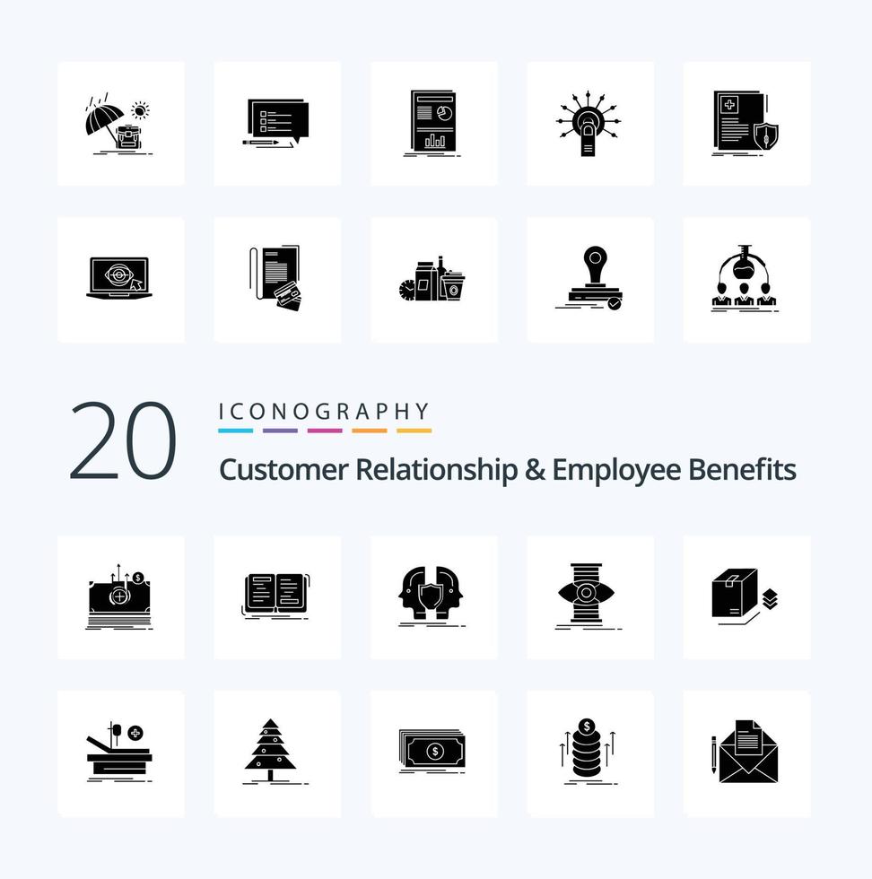 20 Customer Relationship And Employee Benefits Solid Glyph icon Pack like optimize success theory eye identity vector