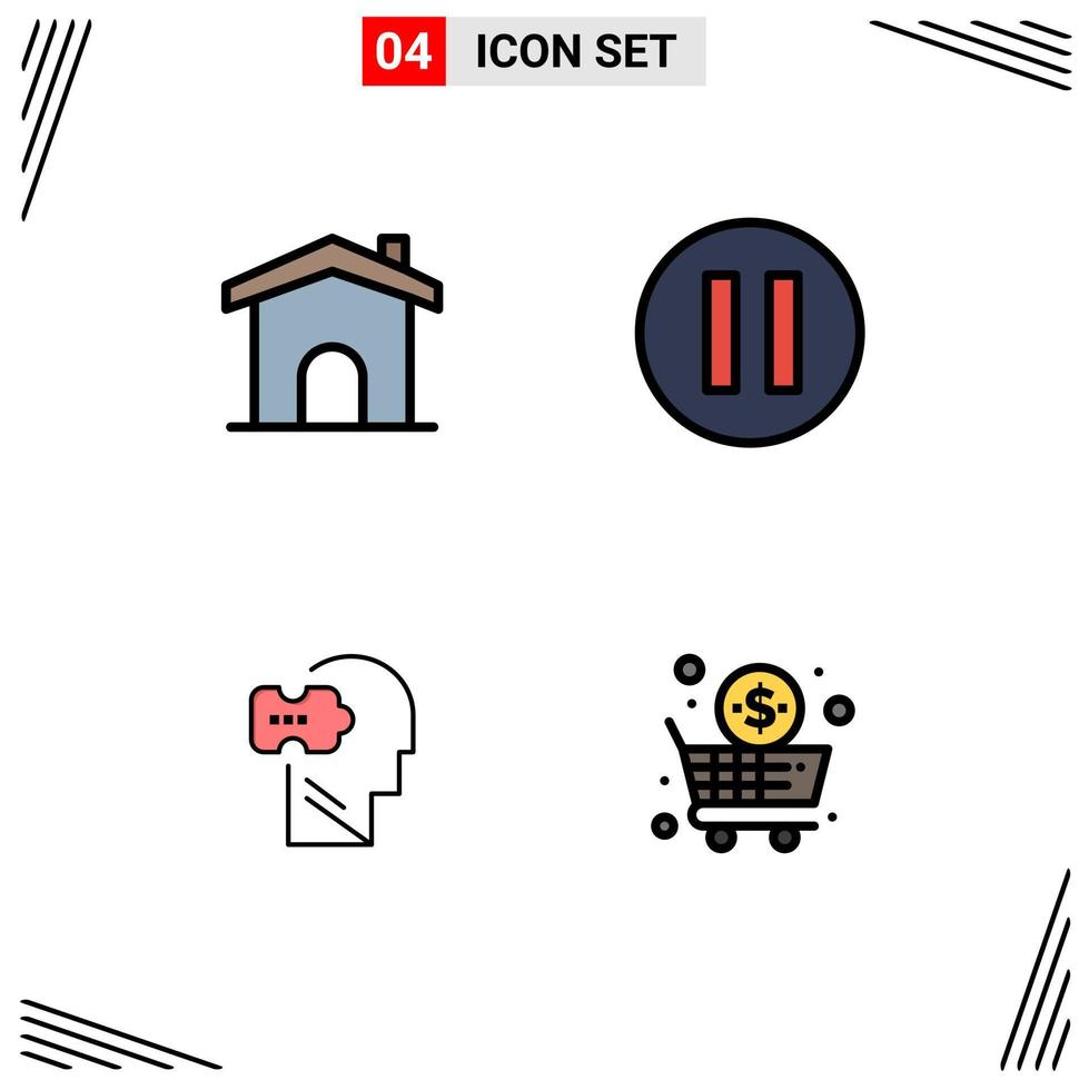 Pack of 4 creative Filledline Flat Colors of building solving house logic cart Editable Vector Design Elements