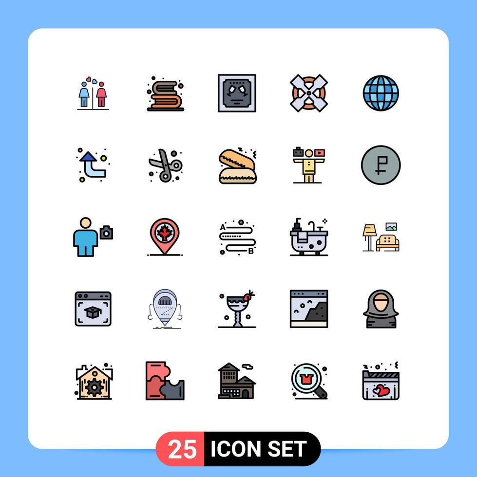 Mobile Interface Filled line Flat Color Set of 25 Pictograms of globe wrench read tool letter Editable Vector Design Elements