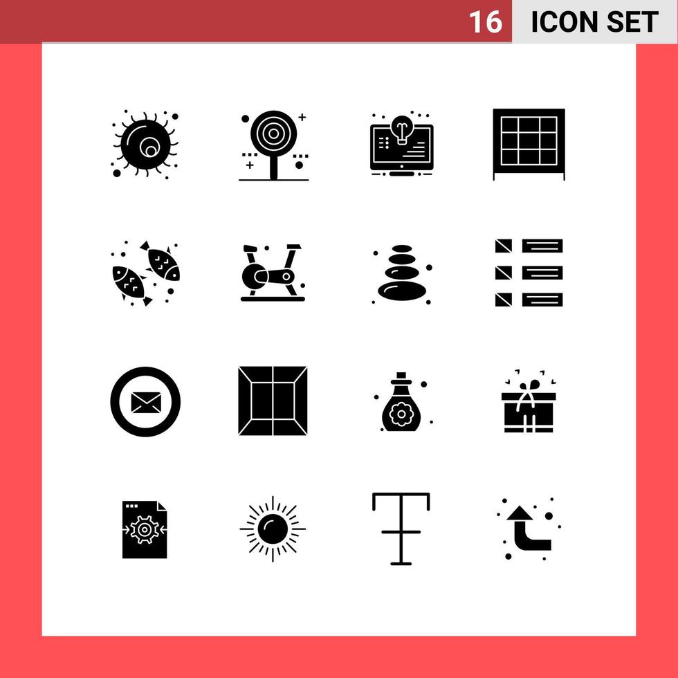 16 User Interface Solid Glyph Pack of modern Signs and Symbols of diet cabinet sweet bookcase light bulb Editable Vector Design Elements