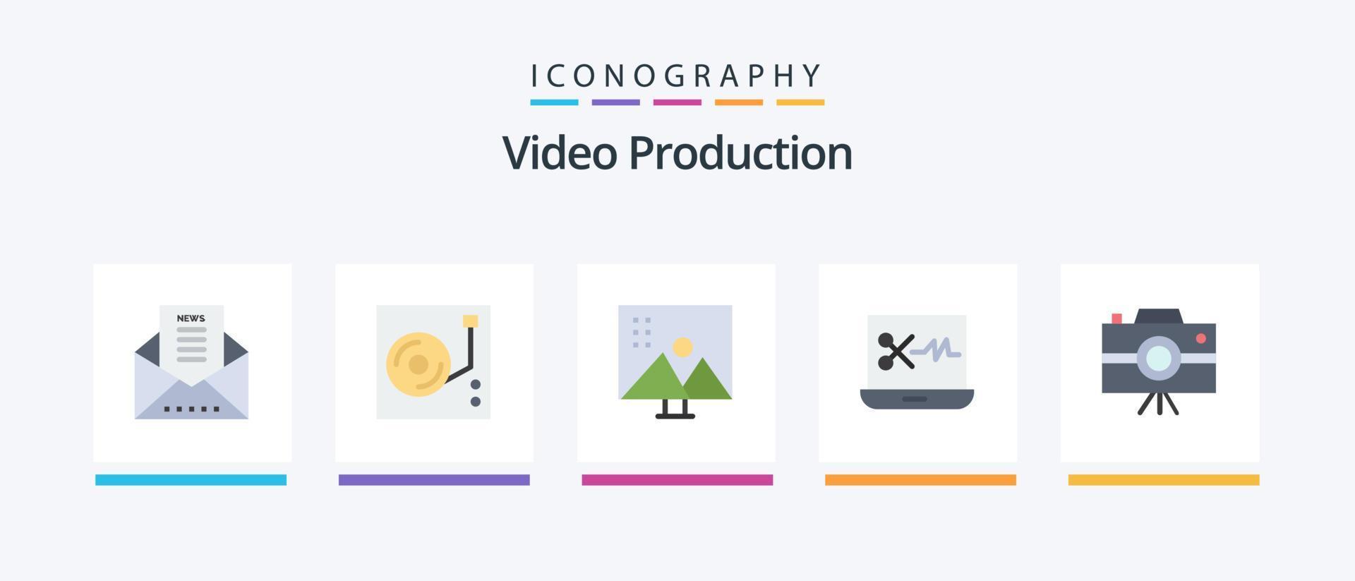 paquete de iconos planos de producción de video 5 que incluye editor de audio digital. edición de audio audio. retoque fotográfico. modificar fotografías. diseño de iconos creativos vector