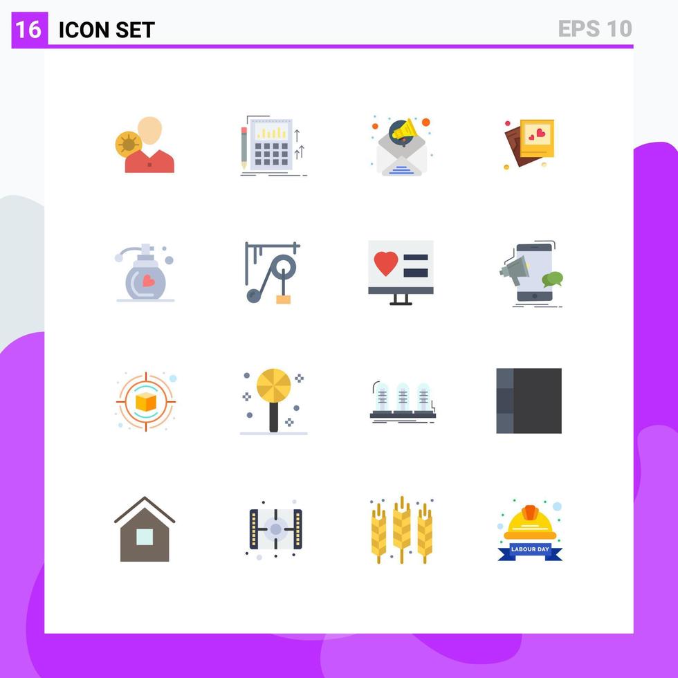 Editable Vector Line Pack of 16 Simple Flat Colors of heart frame audit email marketing advertisement Editable Pack of Creative Vector Design Elements