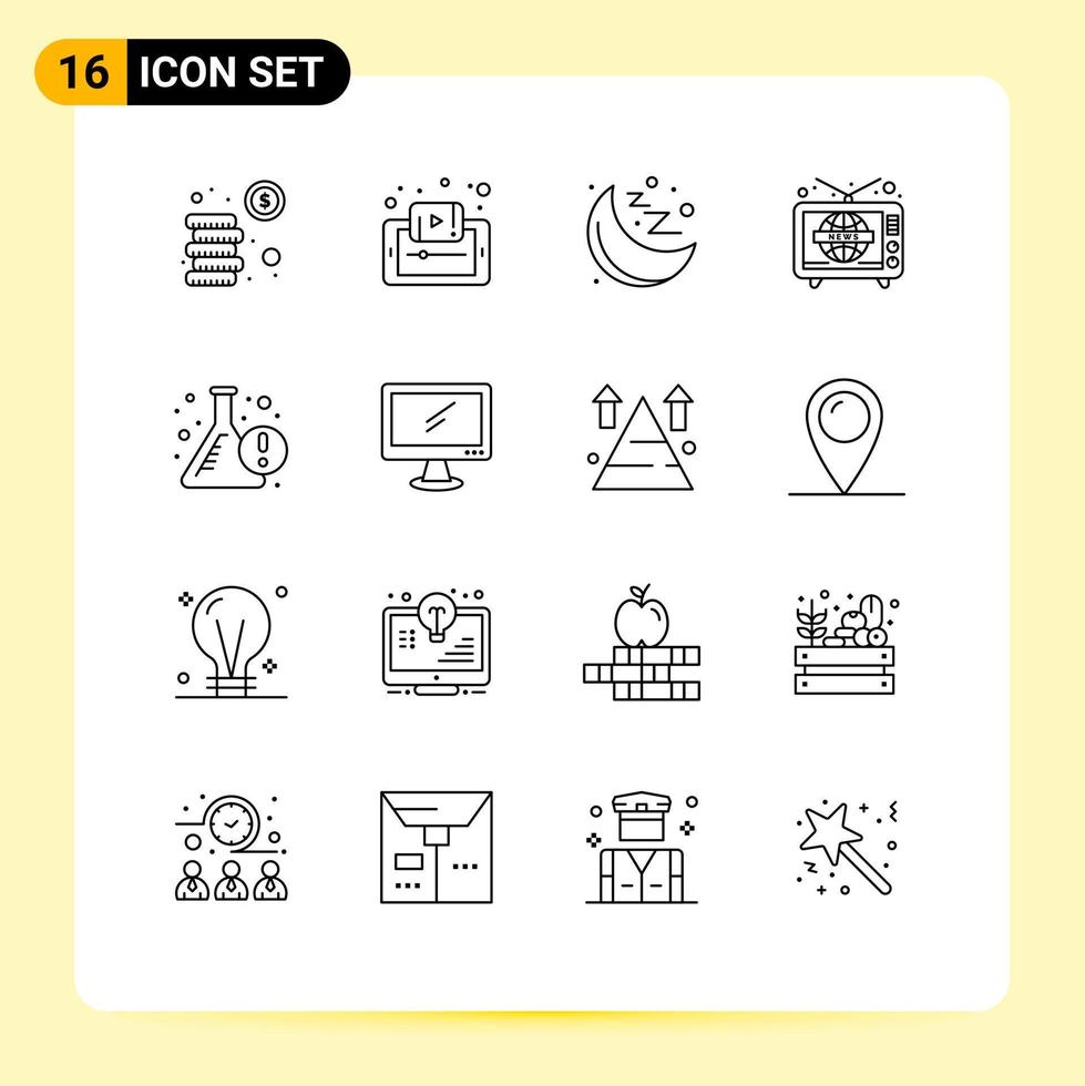 Pack of 16 Modern Outlines Signs and Symbols for Web Print Media such as beaker tv smartphone television moon Editable Vector Design Elements