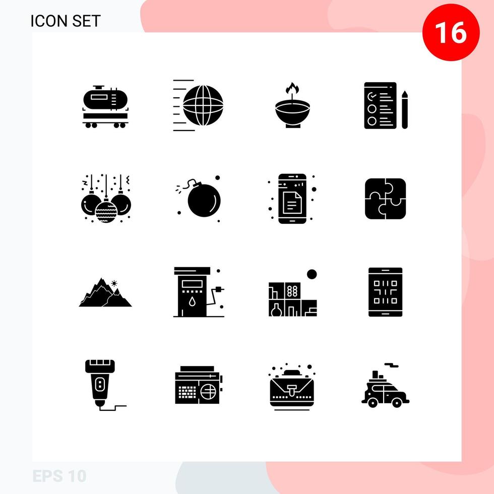 Group of 16 Solid Glyphs Signs and Symbols for job ligh transport lamp diwali Editable Vector Design Elements
