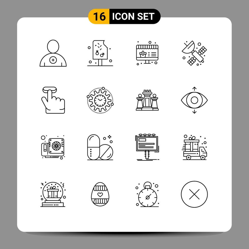 16 iconos creativos, signos y símbolos modernos de eficiencia, venta de dedos, haga clic en elementos de diseño de vectores editables por satélite