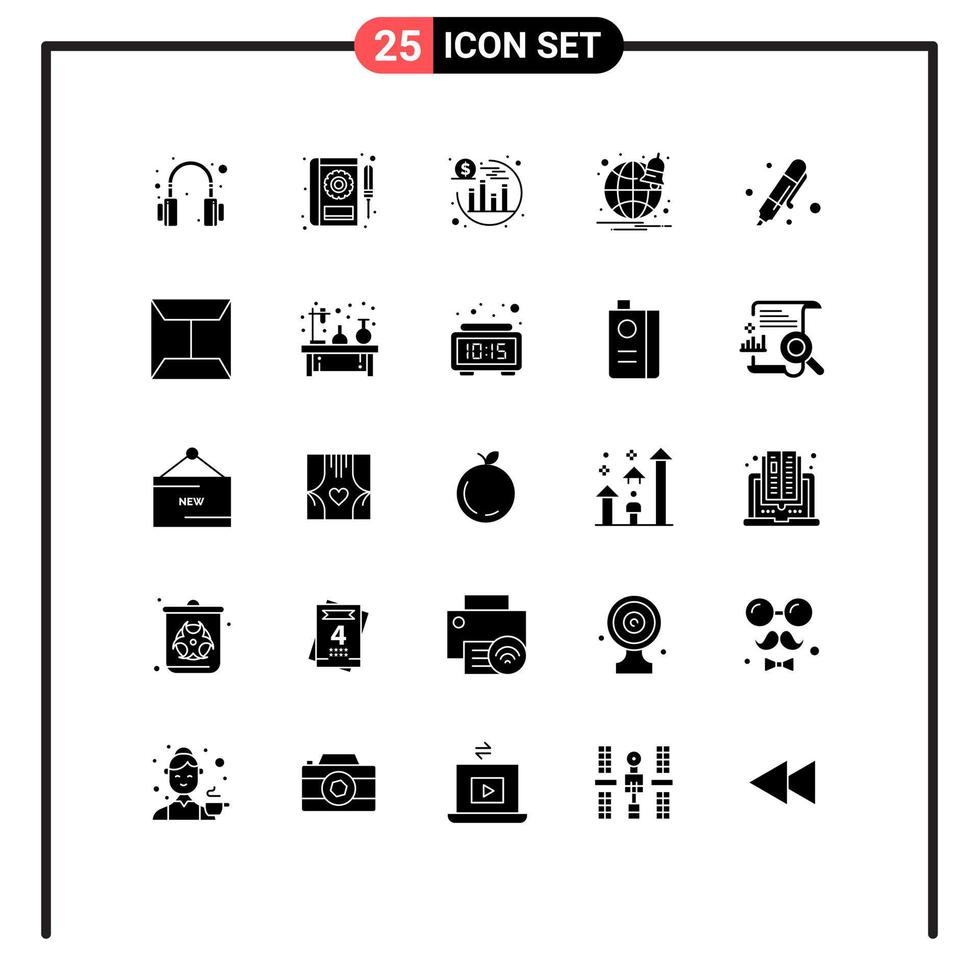 Pack of 25 creative Solid Glyphs of highlighter drawing investment back to school notification Editable Vector Design Elements