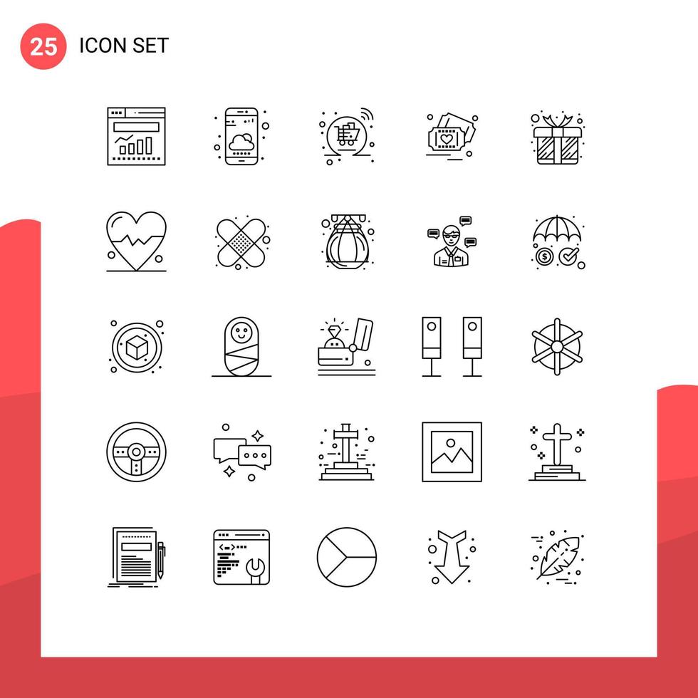 Pack of 25 creative Lines of present wedding basket heart ticket Editable Vector Design Elements