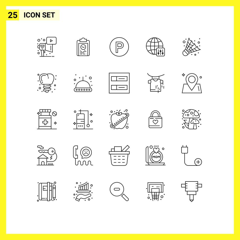 Line Pack of 25 Universal Symbols of game badminton training server settings world Editable Vector Design Elements