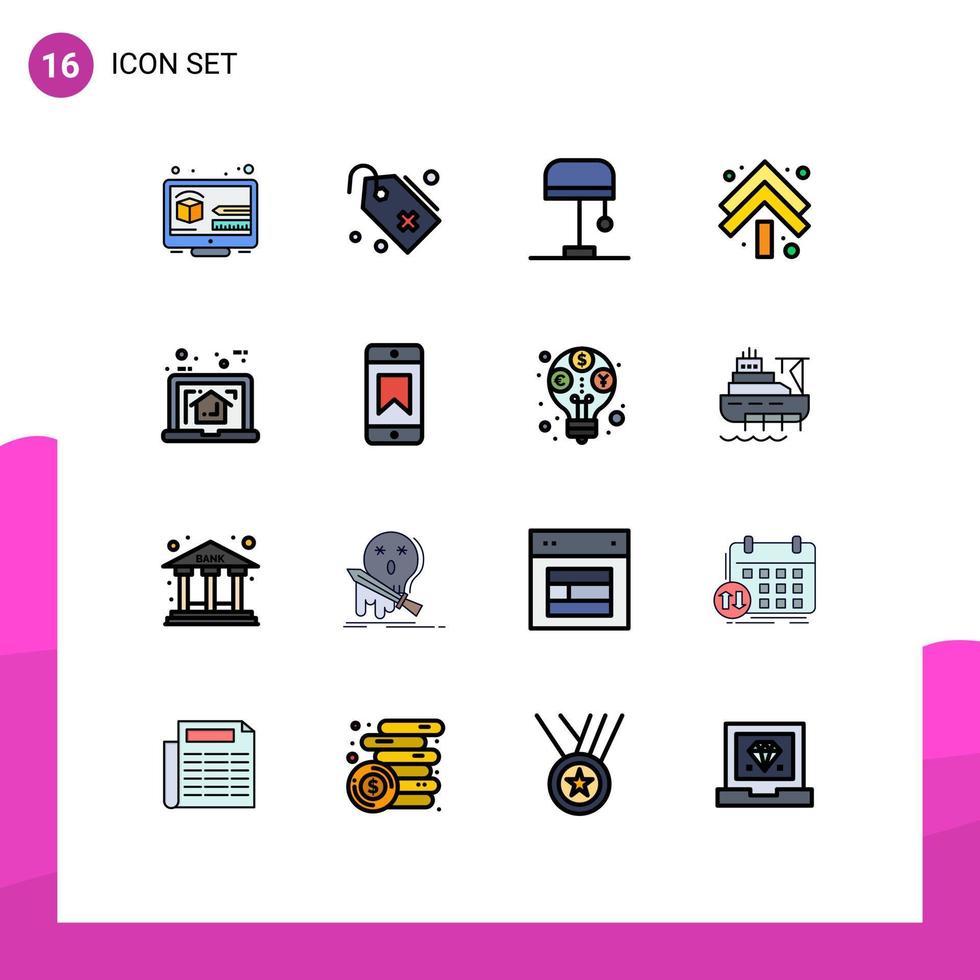16 Universal Flat Color Filled Lines Set for Web and Mobile Applications laptop home desk double arrows Editable Creative Vector Design Elements