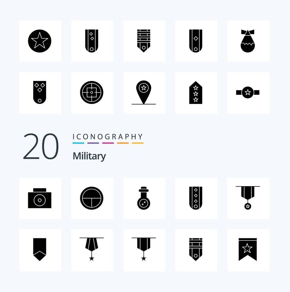 20 Military Solid Glyph icon Pack like rank insignia tube diamonds insignia vector