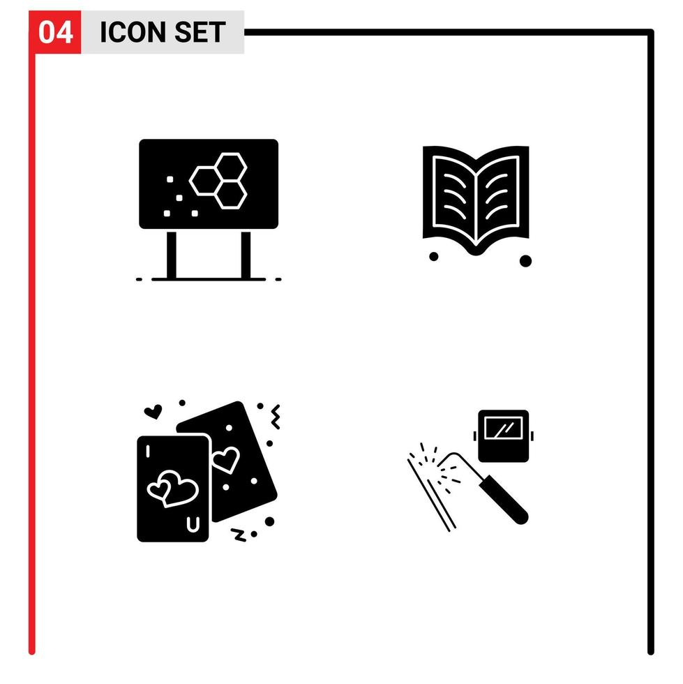 paquete de 4 signos y símbolos de glifos sólidos modernos para medios de impresión web, como tarjetas de bioquímica, libros de fórmulas, corazones, elementos de diseño de vectores editables