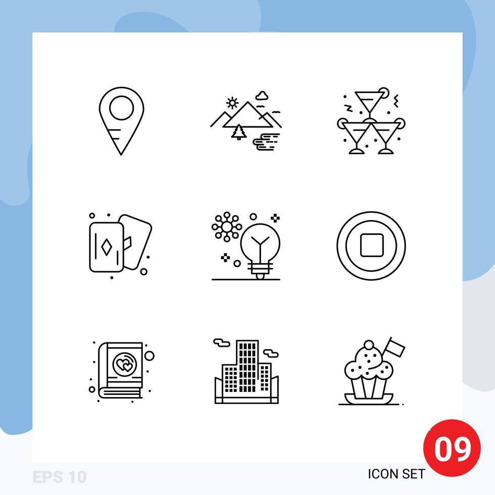 Set of 9 Modern UI Icons Symbols Signs for deep learning artificial intelligence alcohol card hobbies Editable Vector Design Elements