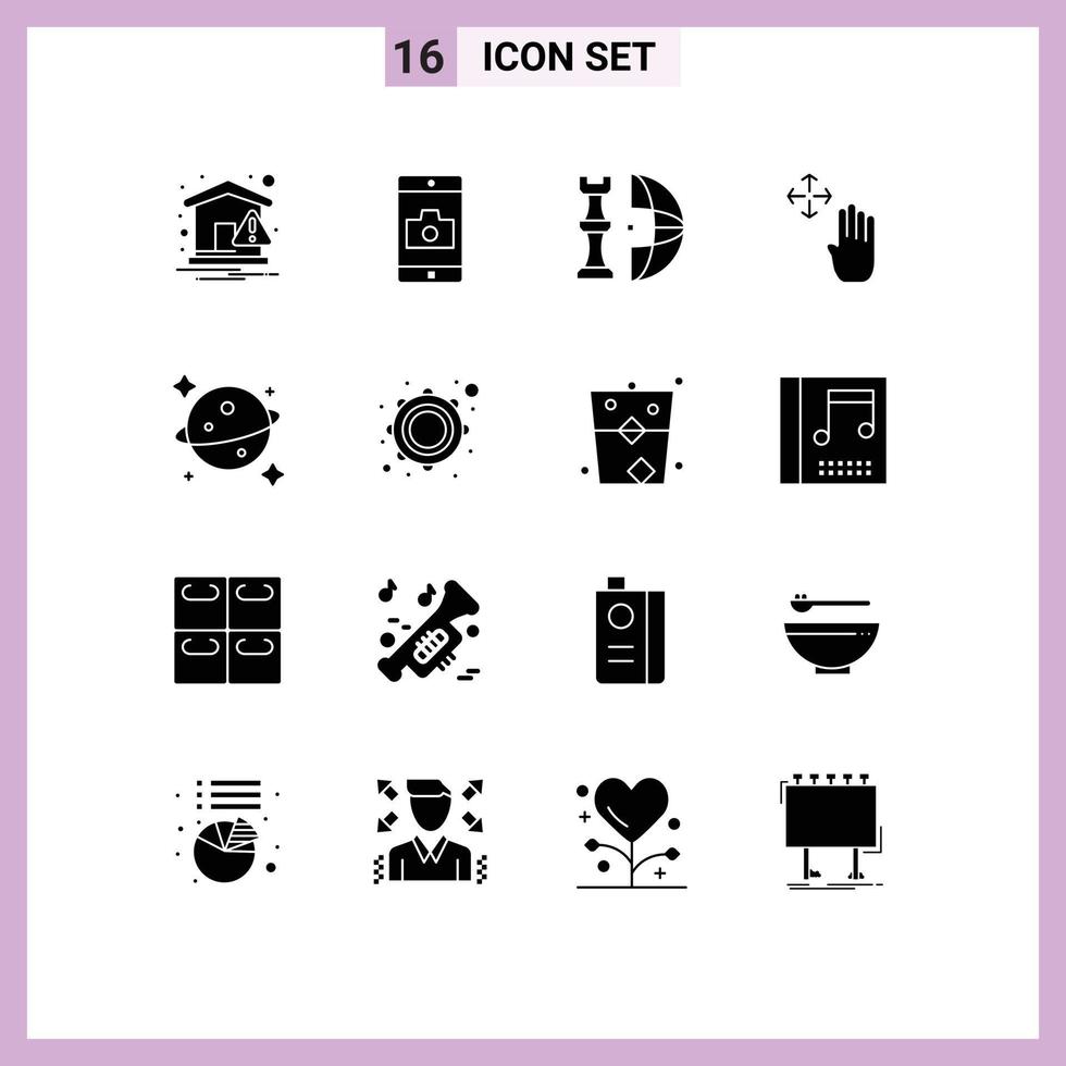 16 Universal Solid Glyphs Set for Web and Mobile Applications planet up chess hand cursor plan Editable Vector Design Elements