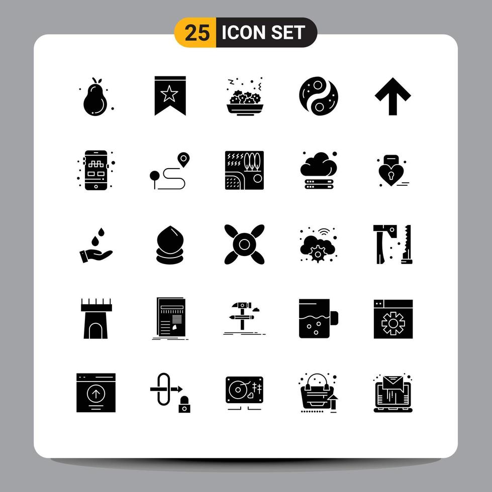 Modern Set of 25 Solid Glyphs and symbols such as up yin salad yang taoism Editable Vector Design Elements
