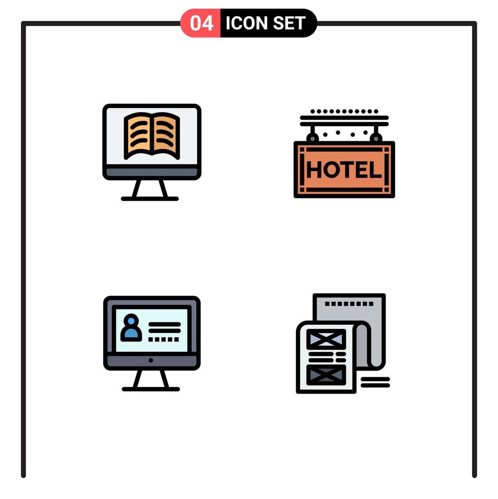 Pack of 4 creative Filledline Flat Colors of computer security hotel rest file Editable Vector Design Elements