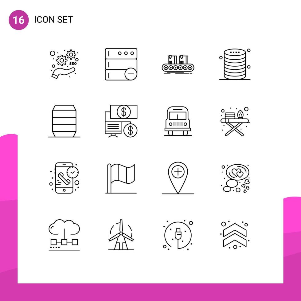 User Interface Pack of 16 Basic Outlines of beverages server box database cloud Editable Vector Design Elements