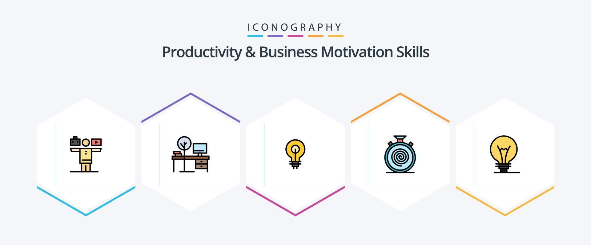 Productivity And Business Motivation Skills 25 FilledLine icon pack including nonstop. cycle. table. action. insight vector