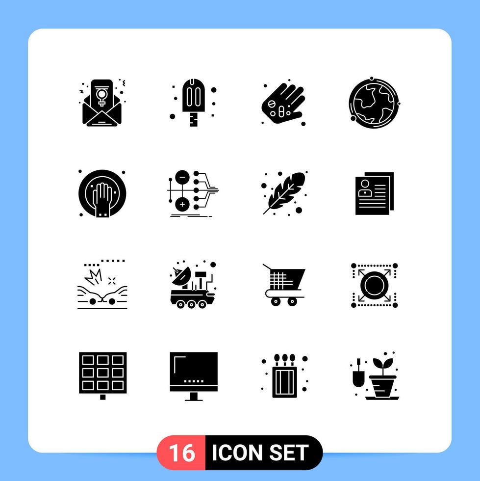 Set of 16 Commercial Solid Glyphs pack for hand soak discovery medicine geography globe Editable Vector Design Elements
