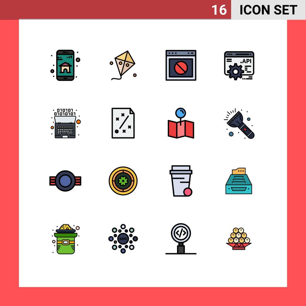 grupo de símbolos de iconos universales de 16 líneas llenas de colores planos modernos de interfaz de programa de aplicación binaria concepto de aplicación api sitio web elementos de diseño de vectores creativos editables