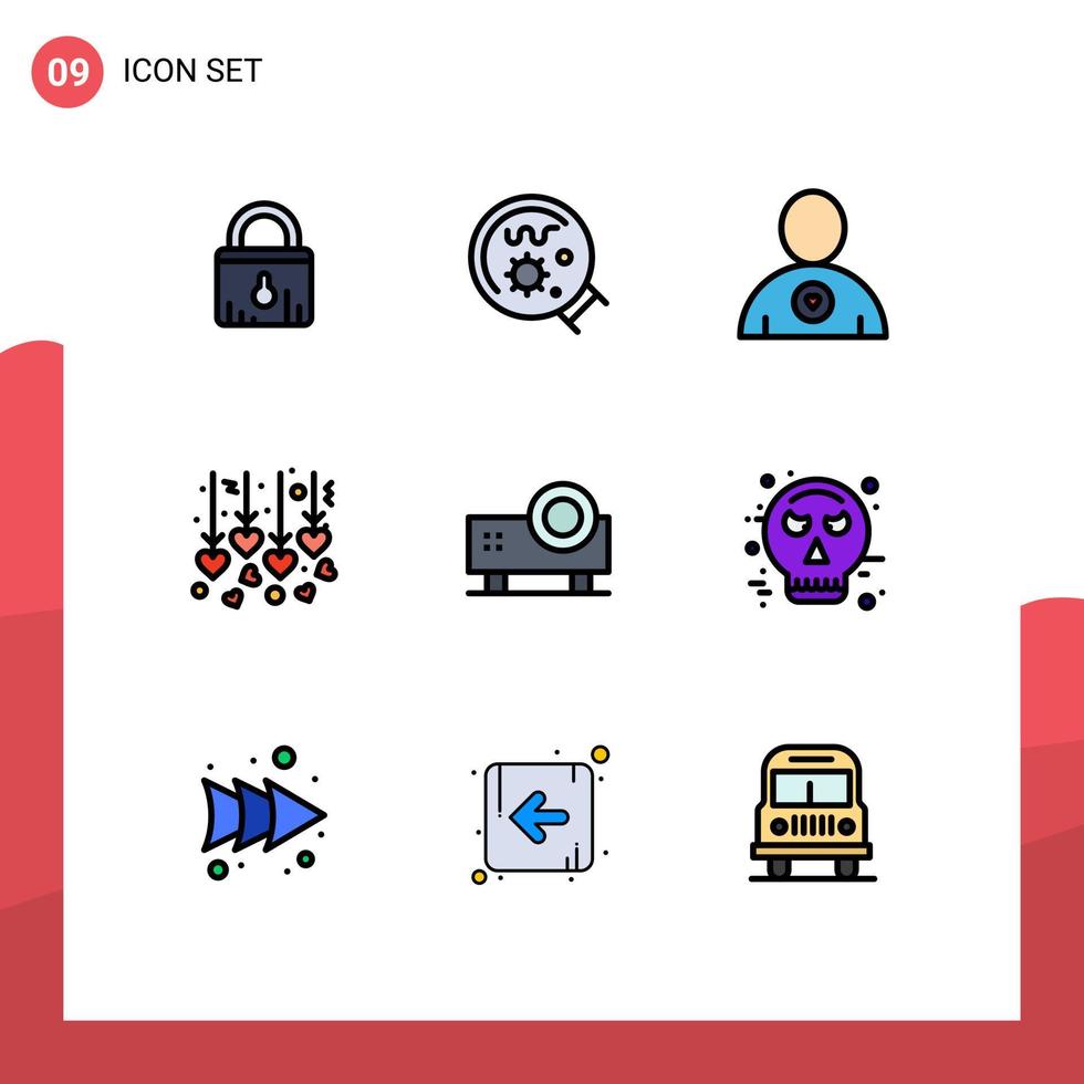 Group of 9 Modern Filledline Flat Colors Set for slide projector powerpoint presentation favorite multimedia heart Editable Vector Design Elements