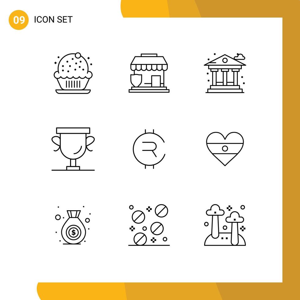 Stock Vector Icon Pack of 9 Line Signs and Symbols for coin trophy city prize achievements Editable Vector Design Elements