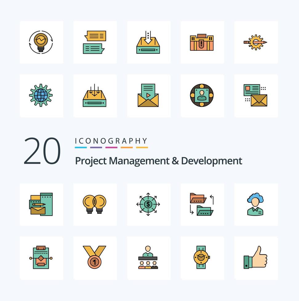 20 paquetes de iconos de color llenos de líneas de gestión y desarrollo de proyectos, como externalizar la carpeta de archivos de presupuesto para compartir archivos vector