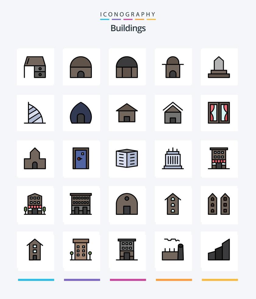 Creative Buildings 25 Line FIlled icon pack  Such As historical building. building. mosque. antique building. uae monument vector