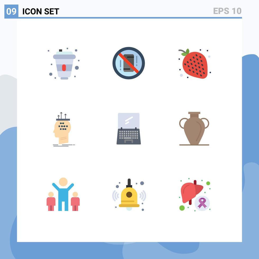 Set of 9 Vector Flat Colors on Grid for thinking conclusion phone brain night Editable Vector Design Elements