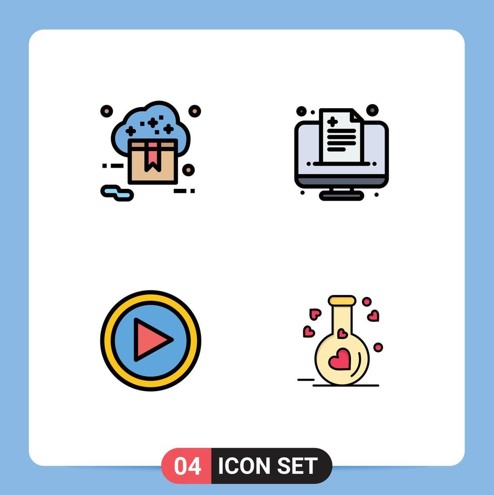 Group of 4 Modern Filledline Flat Colors Set for cloud video store healthcare play Editable Vector Design Elements