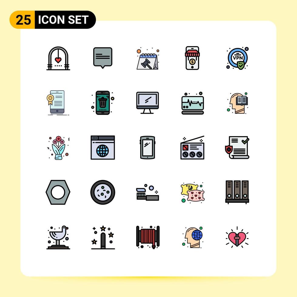 conjunto de pictogramas de 25 colores planos de línea rellena simple de elementos de diseño vectorial editables de tienda de cifrado de cita de seguridad de certificado vector