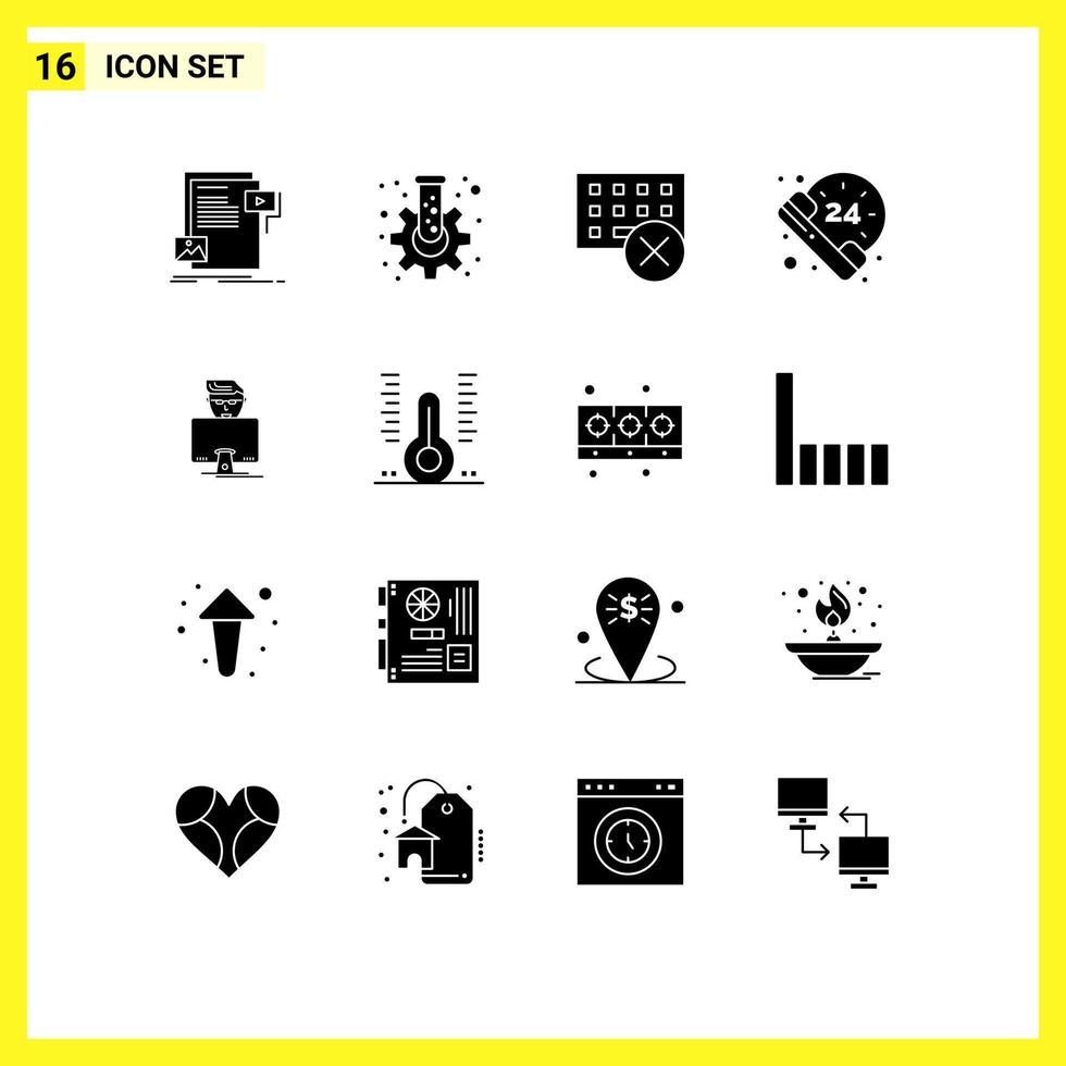 Modern Set of 16 Solid Glyphs Pictograph of hacker call tube hours hardware Editable Vector Design Elements